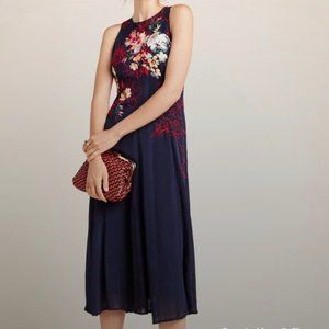 Anthropologie Tanzine Embroidered Navy Midi Dress Size 0